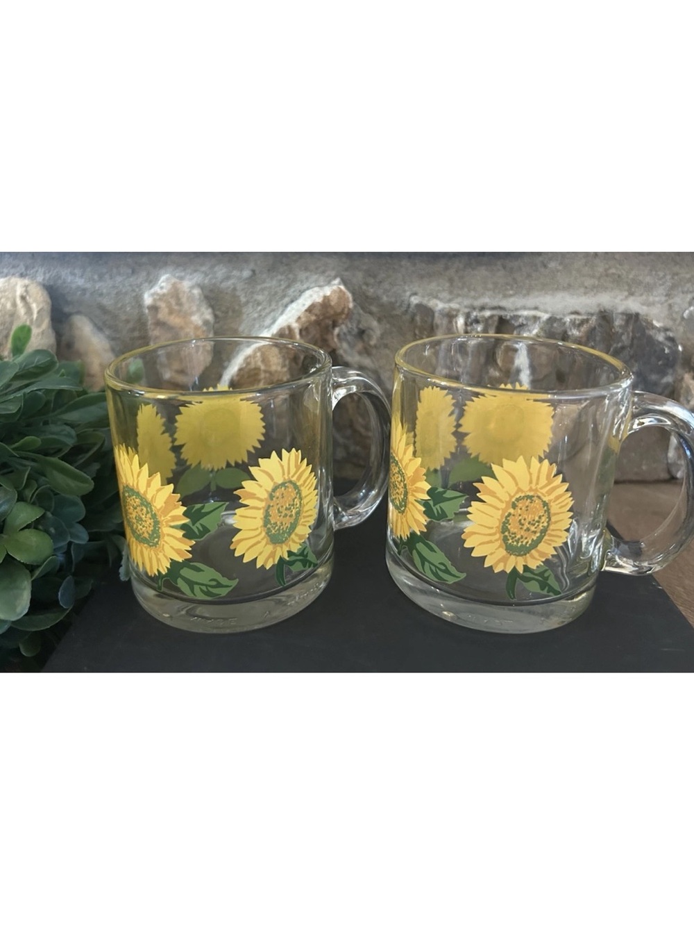 2 Vintage 90s Libbey Glass Sunflower Coffee Tea Mugs 12 oz. Excellent Condition
